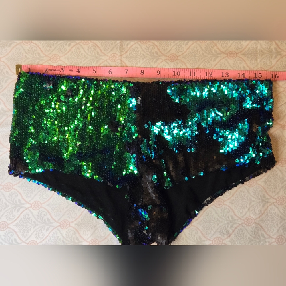 Body Rage Blue Green Black Flip Sequin Cheeky Shorts Medium